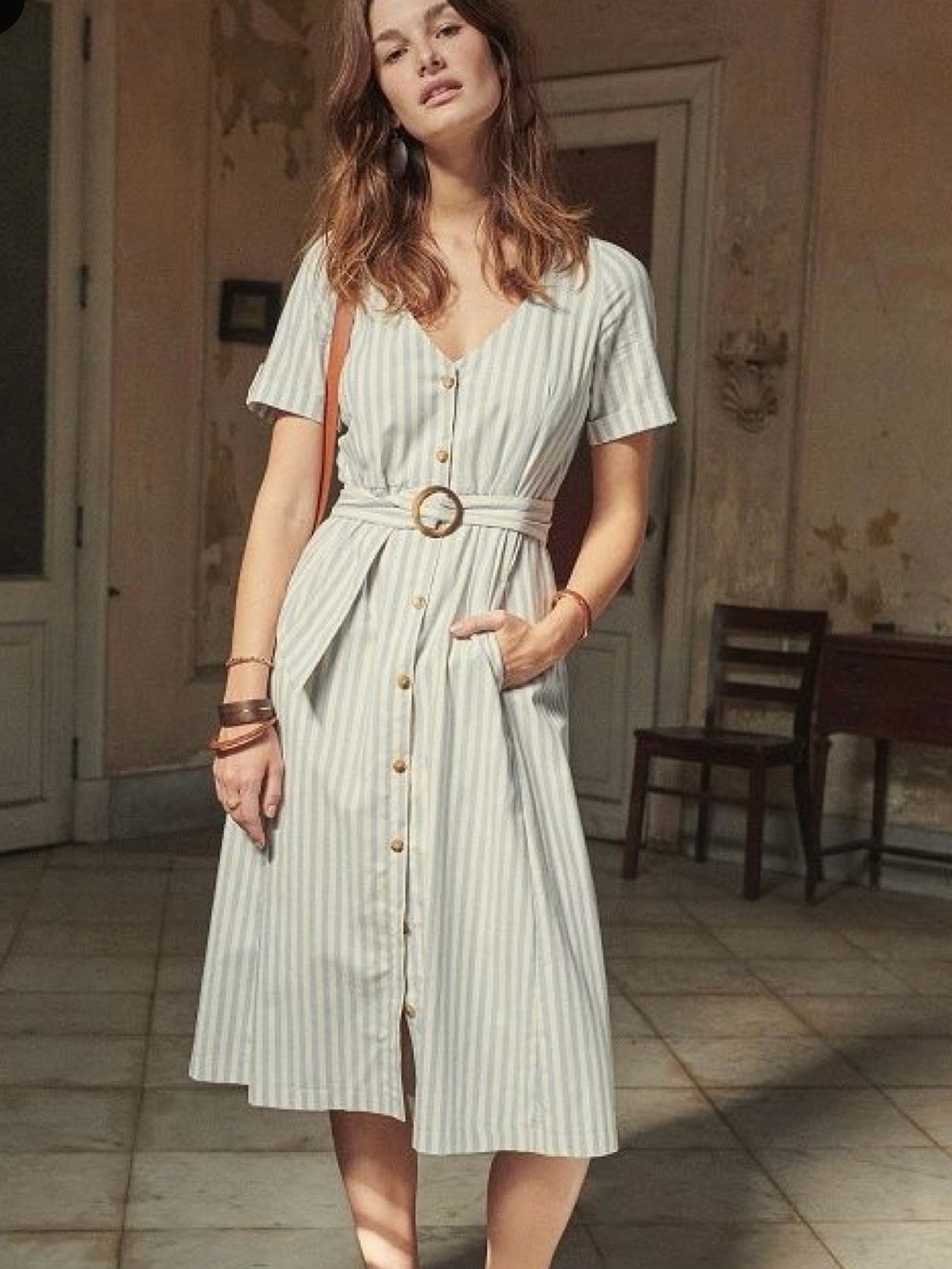 Sezane Cream & Light Blue Striped Button-Front Midi Dress